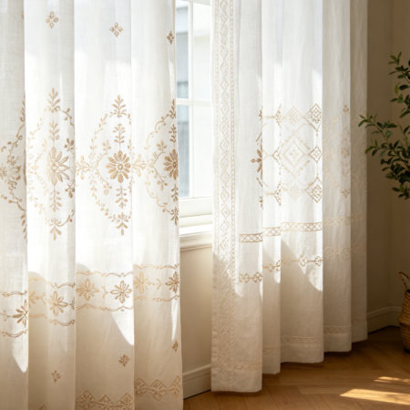 Light Brown Floral Diamond Embroidered Linen Curtains