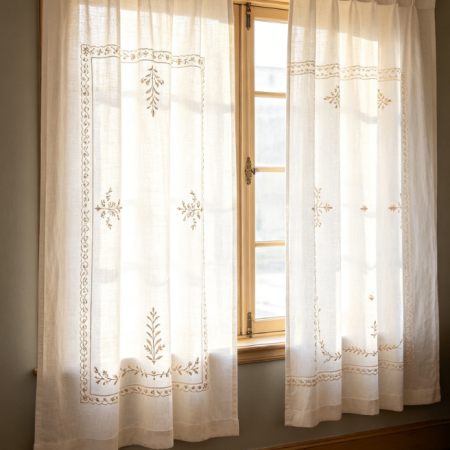 Country-Striped Floral Embroidered Linen Sheer Curtains